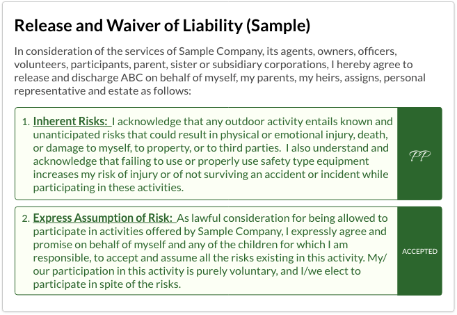 Digital waiver with initials and accepted clauses