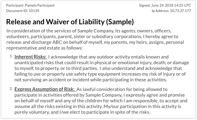 Stored medical liability waiver document